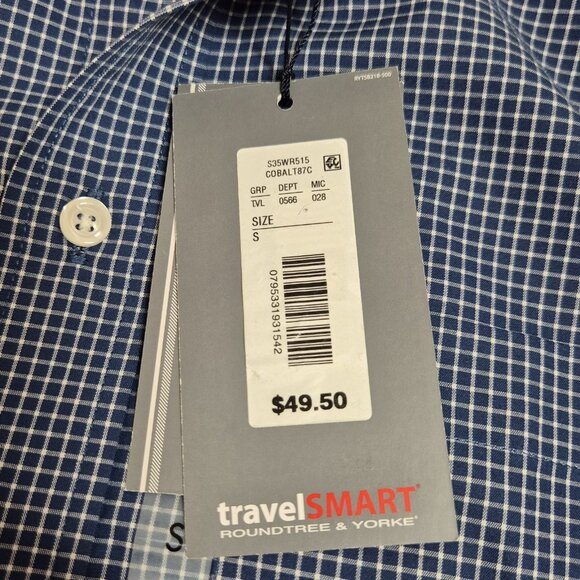 Travel Smart Roundtree & Yorke Men's Size S Shirt Long Sleeve Check Blue  (01) - Picture 8 of 10